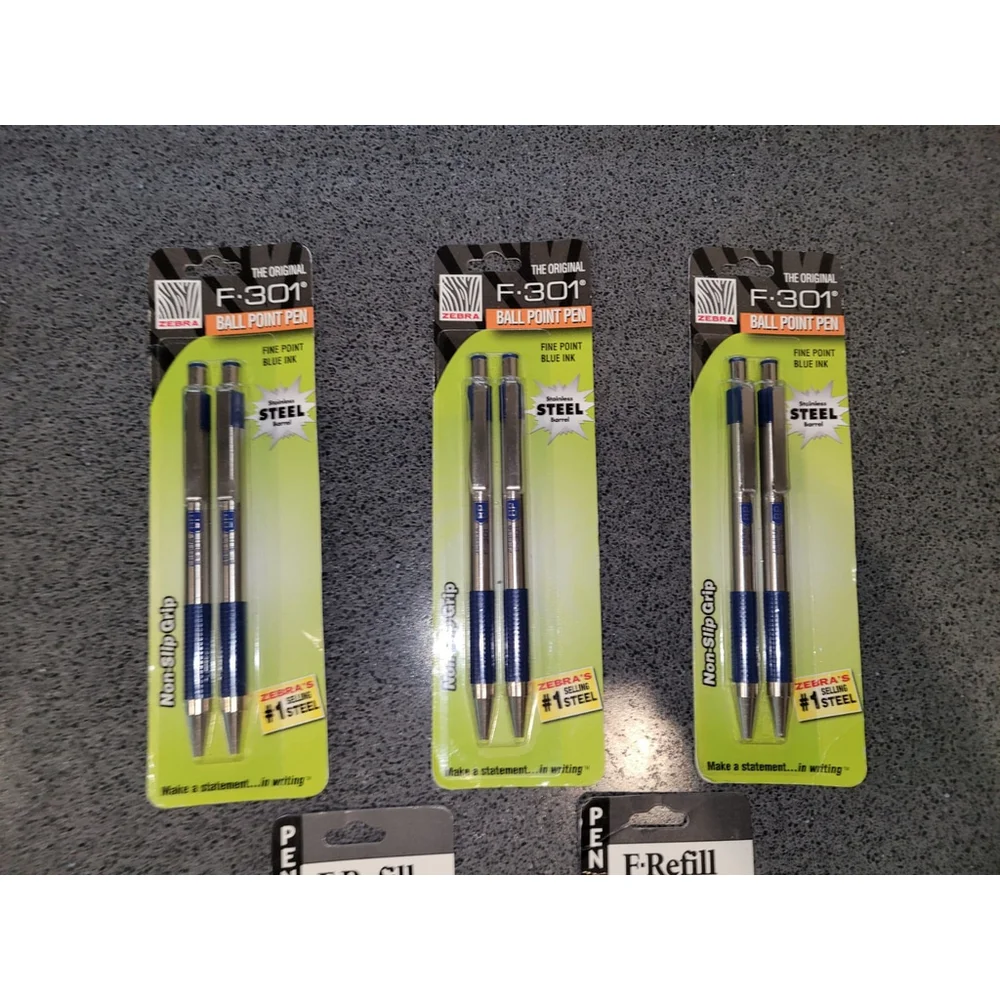 3 Zebra Pen Sets F-301 Fine Pt Blue Ink 0.7MM Lead Non-Slip Grip REFILLS NEW